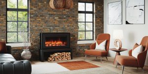 Liberty 85 Electric Stove in Black on 120 High Stove Bench by Wharfe Valley Stoves